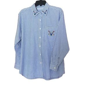 John Henry  Fondee Embroidered Blue & White Striped Button-Up Shirt Women Size L
